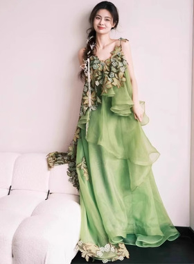 高级定制小众森系花园精灵公主风绿色碎花吊带晨袍礼服连衣裙漫缘