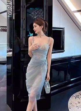 高级定制浪漫梦幻蓝色生日party性感吊带御姐夜店辣妹礼服裙笙冉