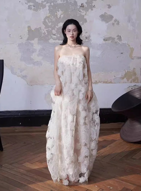 高级定制英国名媛奢华重工复古蕾丝刺绣露肩宽松抹胸晨袍礼服笙冉