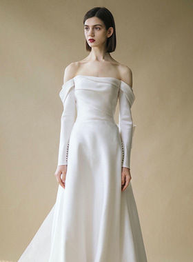 定制法式名媛古典风一字肩轻主婚纱性感秋季长袖年会拖尾礼服斯艾