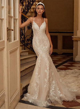 定制时尚之都巴黎性感吊带复古蕾丝森系露背收腰显瘦婚纱礼服李阳