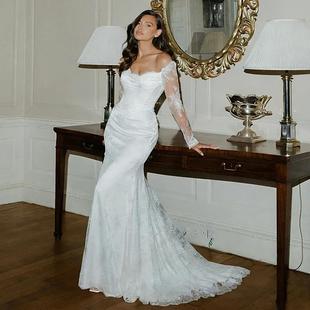 高级定制瑞典复古宫廷贵族奢华重工蕾丝长袖 一字肩轻婚纱礼服布舍