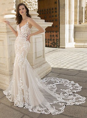 高级定制佛罗里达州贵族名媛奢华性感吊带刺绣贴花婚纱礼服裙李阳