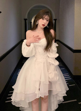 高级定制洛丽塔复古宫廷甜美公主一字肩晚礼服奢华重工轻婚纱临阁