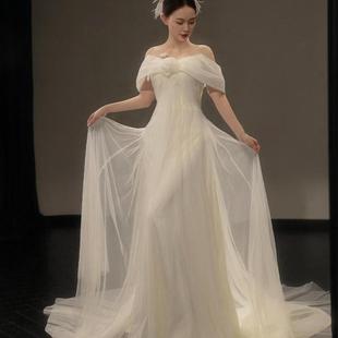 高级定制法式 甜美浪漫一字肩轻婚纱晨袍超仙气质小拖尾礼服裙漫缘