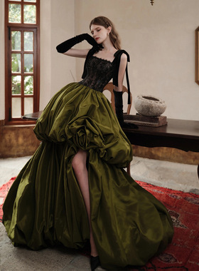 高级定制米兰时尚绿色蛋糕裙华丽重工新娘敬酒服宴会演出礼服虎丘