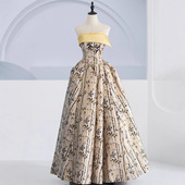 高级定制重工刺绣花纹缎面性感抹胸敬酒服艺考演出宴会礼服裙虎丘