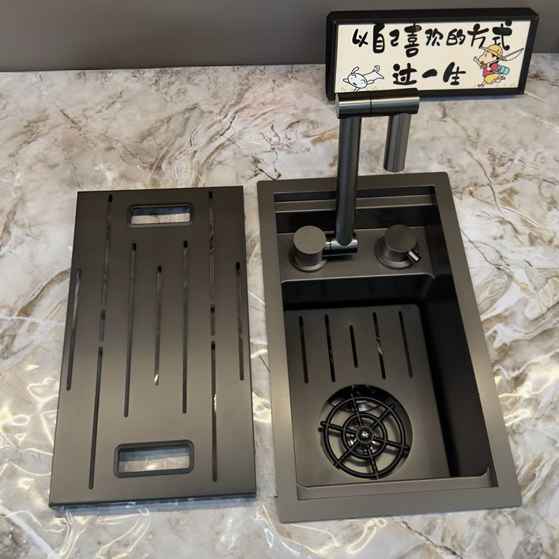 韦普专业茶吧台水槽小单槽带盖抽拉龙头套装亚克力黑盖过滤洗杯器