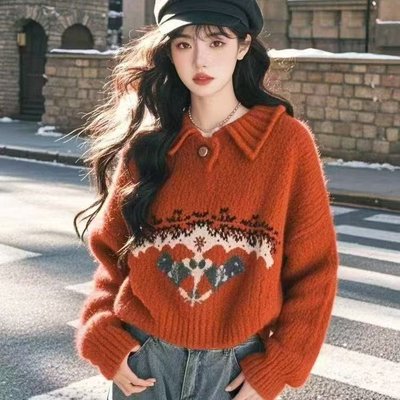 高级感费尔岛红色翻领卡通毛衣女2025新款春秋季针织上衣宽松外穿