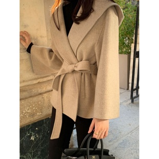 有货 韩国chic法式复古气质高级感连帽毛呢外套系带小个子短款女