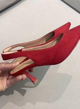 True2025夏季新款红色显瘦法式优雅气质凉鞋细跟低跟包头尖头女鞋