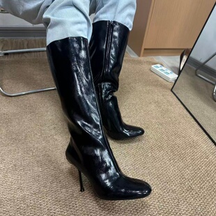 ZA家2026春季新款黑色漆皮光泽感高筒时装靴尖头细跟超高跟靴子女