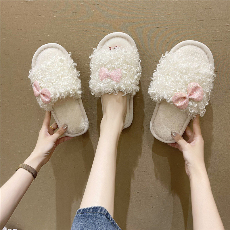 韩版毛毛一字拖鞋2021秋季新款可爱少女心蝴蝶结毛绒拖百搭外穿女