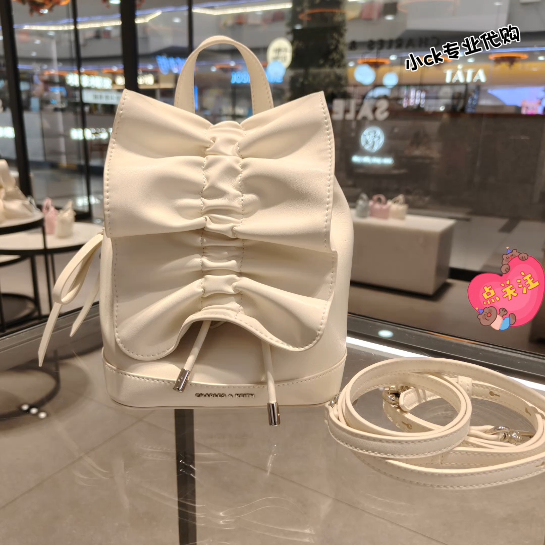 CHARLES&KEITH25秋新款CK2-60151552褶皱包盖蝴蝶结包挂双肩背包