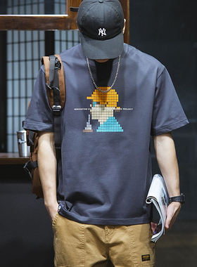 夏季新款230g重磅短袖t恤男士宽松大码灰色印花纯棉半袖圆领体恤