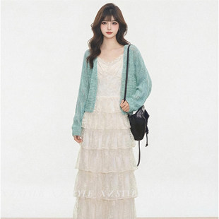 法式蕾丝蛋糕吊带连衣裙女春夏季新款薄荷绿毛衣开衫两件套装长裙
