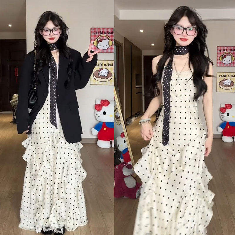 早春女装2026新款长款吊带波点连衣裙西装韩系一整套ootd穿搭长裙