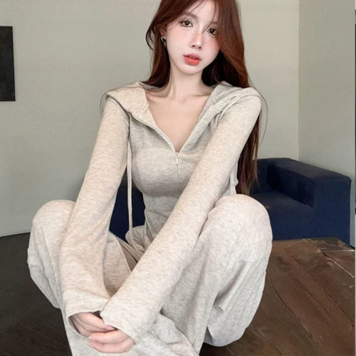 阔腿裤休闲套装女春秋季卫衣连帽V领上衣开衫运动两件套时尚洋气