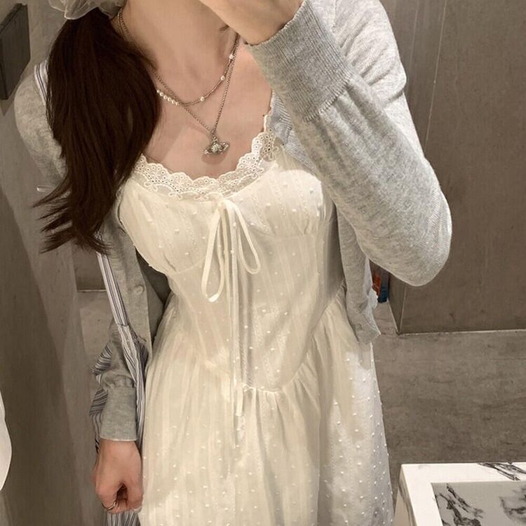 法式甜美温柔蝴蝶结花边领吊带连衣裙针织拼接开衫春季新款两件套