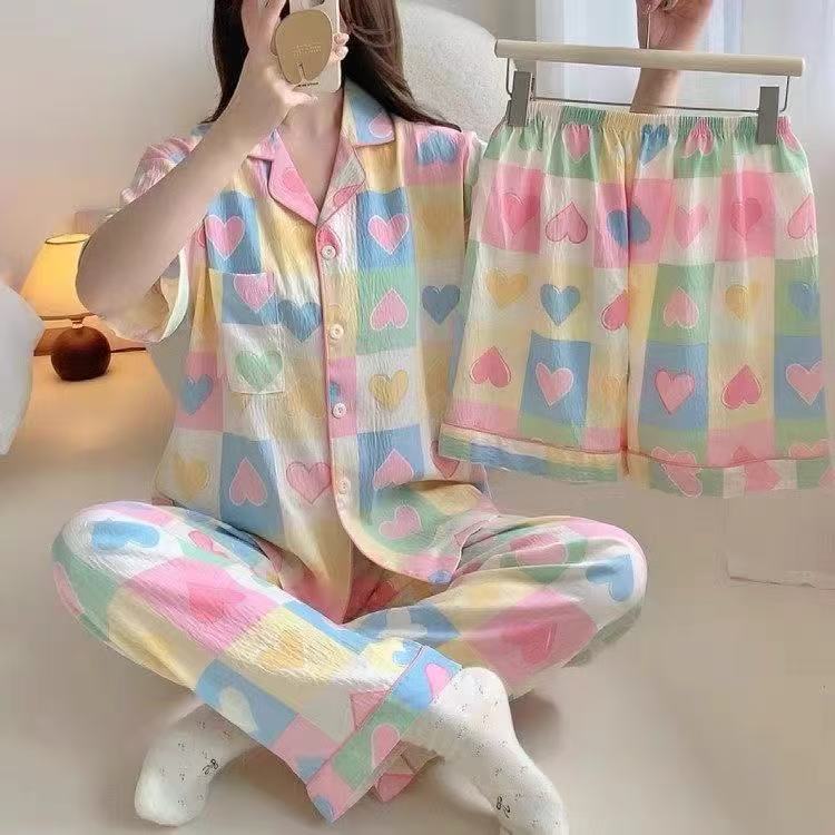 彩色爱心睡衣女款夏季云朵棉短袖睡衣/家居服套装