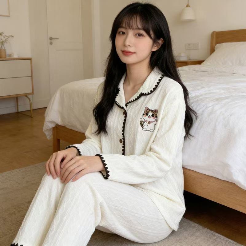 针织棉女春秋猫咪薄款睡衣套装