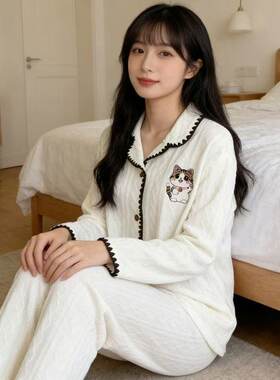 针织棉女春秋猫咪薄款睡衣套装
