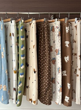 2025冬季雪粒绒加厚保暖松紧腰碎花可爱宽松睡裤居家裤子可外穿