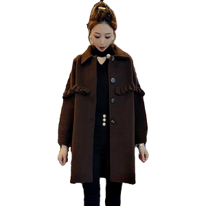 秋冬新款大衣灯笼袖荷叶边女中长款小个子外套洋气外套女春秋宽松
