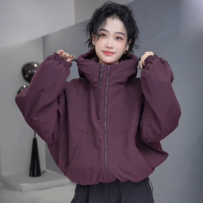 连帽夹棉加厚冲锋衣外套女短2025秋冬新款休闲宽松双拉链棉服上衣