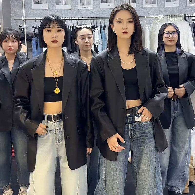 2025韩版宽松翻领休闲气质百搭PU皮衣夹克衫女春秋高级感西装外套