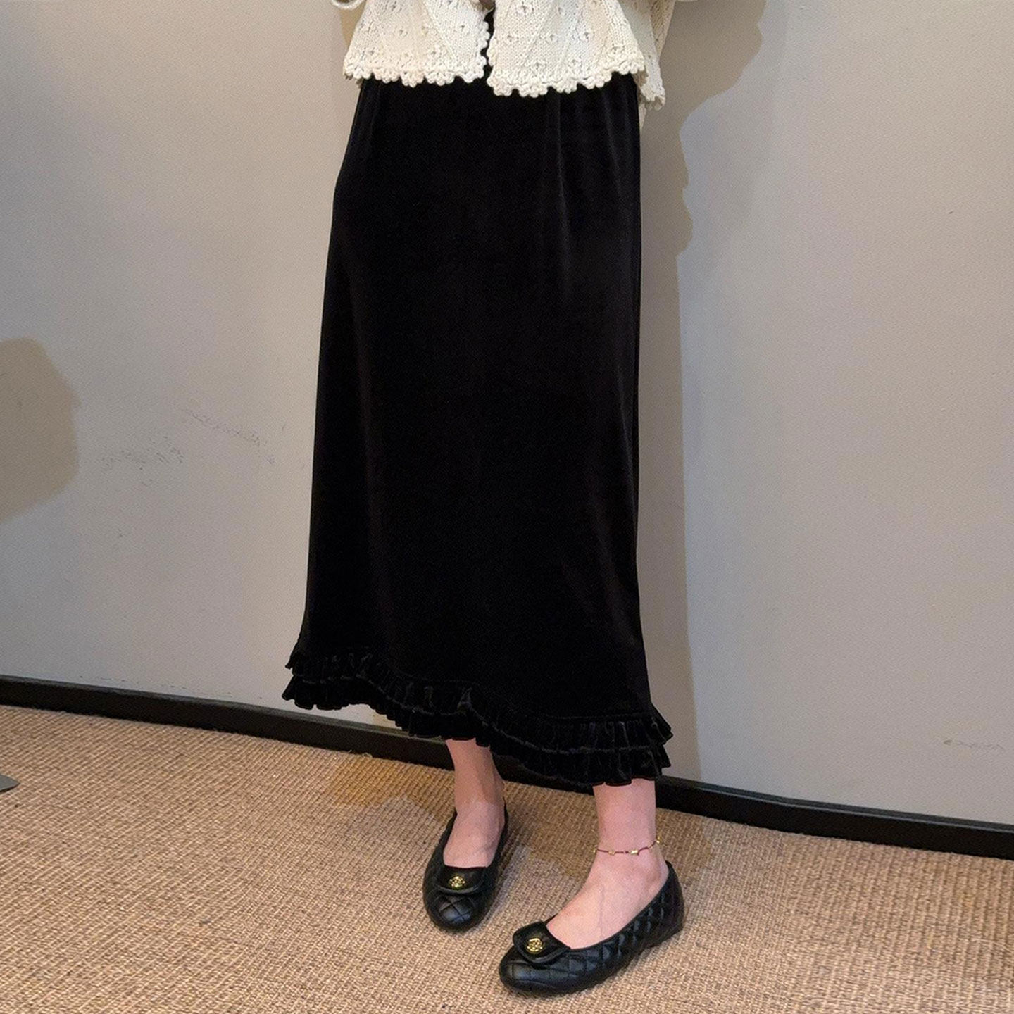 金丝绒开叉木耳边半身裙2025松紧百搭秋冬花边高腰显瘦荷叶边长裙,女装/女士精品,半身裙,淘宝优惠券,粉丝福利购,淘宝优惠卷