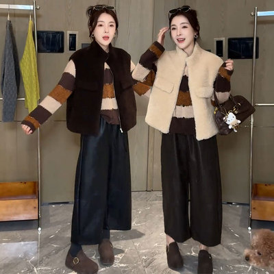 时尚羊羔毛马甲+休闲皮裤套装女秋冬短款高级感洋气马夹两件套潮