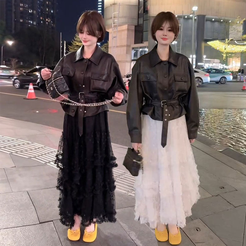 明星同款皮衣短外套女网纱裙两件套2026春新款收腰显瘦皮夹克套装