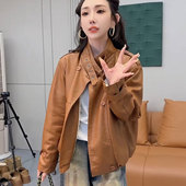 甜酷机车皮衣加绒外套欧洲站2025秋冬新款 休闲立领双排扣夹克上衣