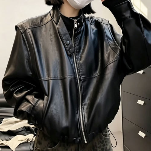 2026秋装新款脱卸袖子皮衣外套立领柔软皮衣女短款宽松拉链机车服