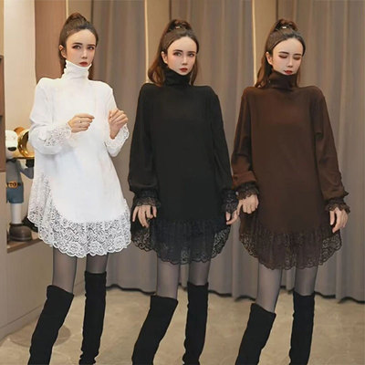 拼接蕾丝加绒加厚打底衫上衣