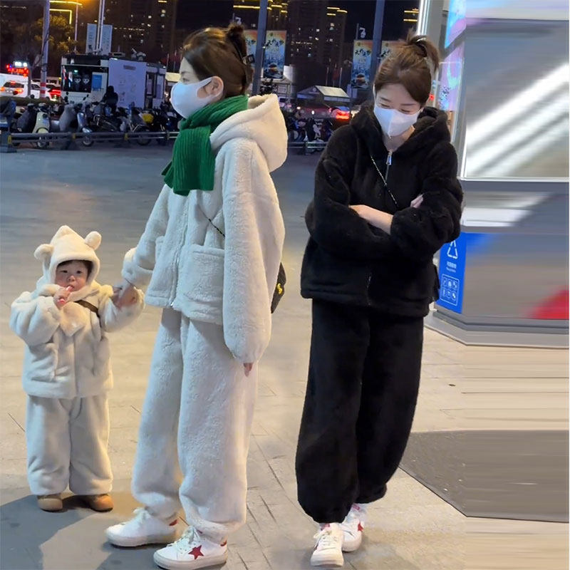 韩版毛绒绒休闲连帽外套女冬季加厚加绒2025新款家居服两件套ins,女装/女士精品,时尚套装,淘宝优惠券,粉丝福利购,淘宝优惠卷