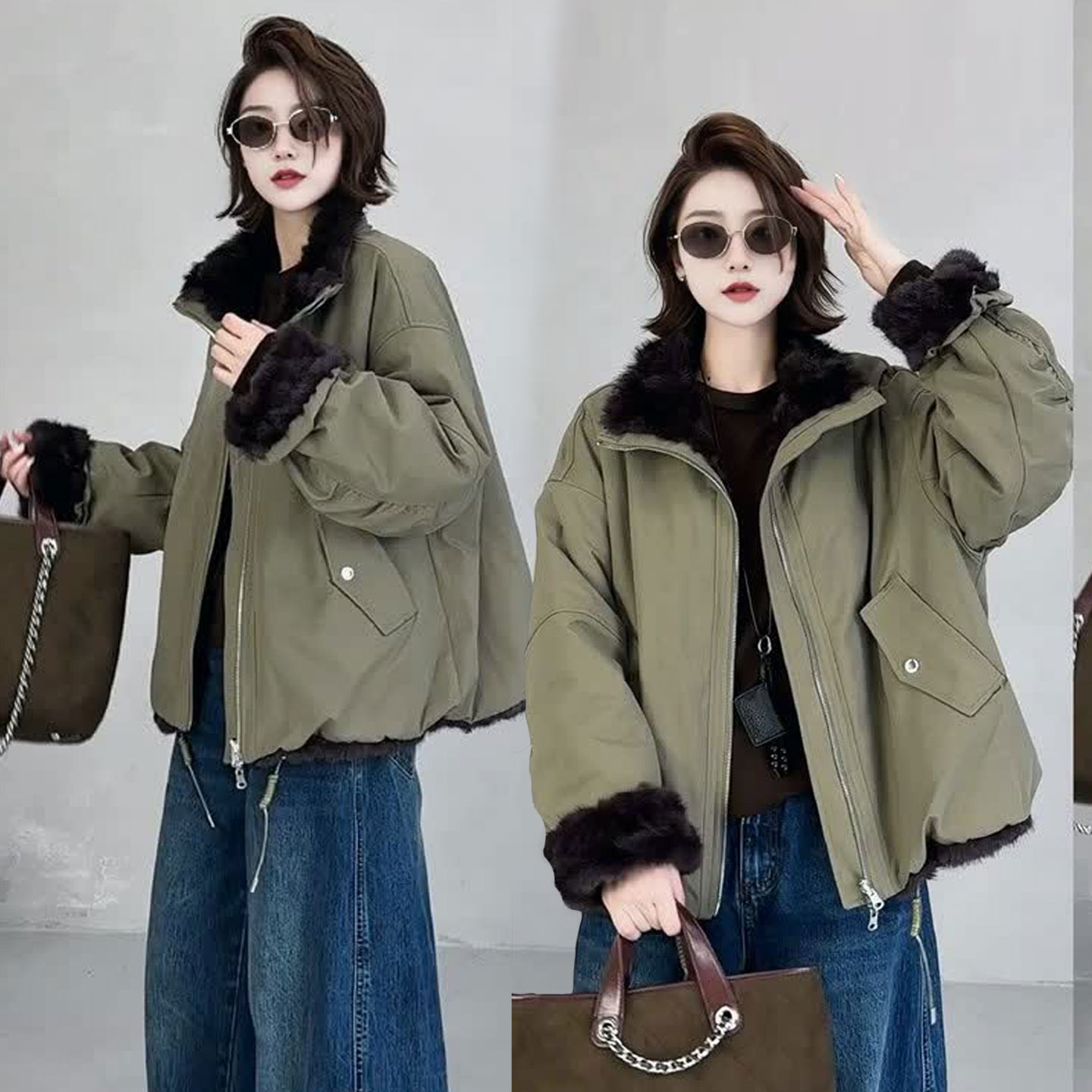 内里毛毛两面穿派克服女2025新款仿皮草内胆外套显瘦加厚保暖棉衣