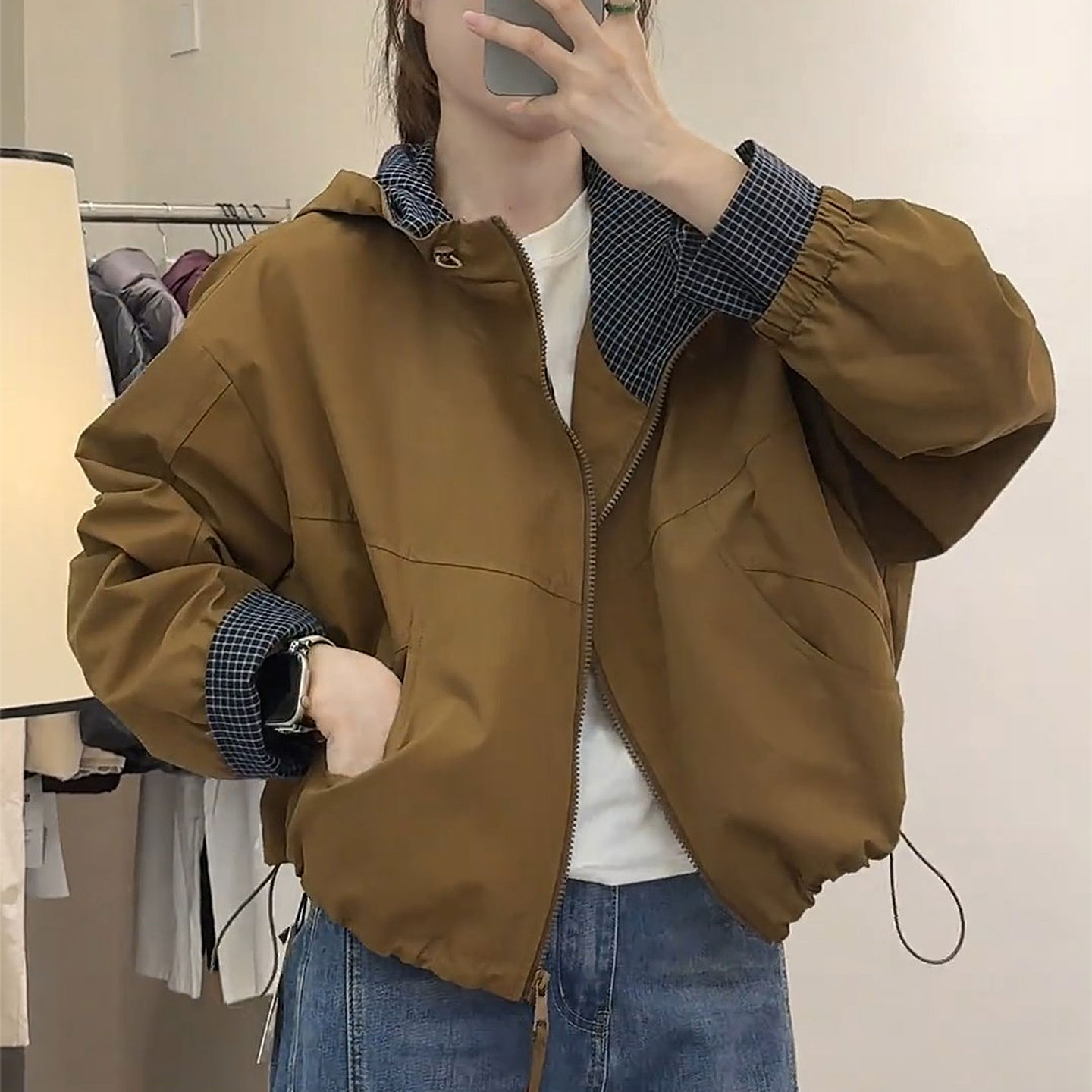 欧货复古格子拼接连帽外套女秋2025新款宽松防风冲锋衣短夹克上衣
