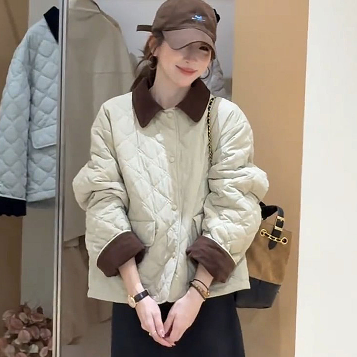 浅蓝轻薄款菱形格羽绒棉服女冬季2025新款小个子减龄韩系流行棉袄