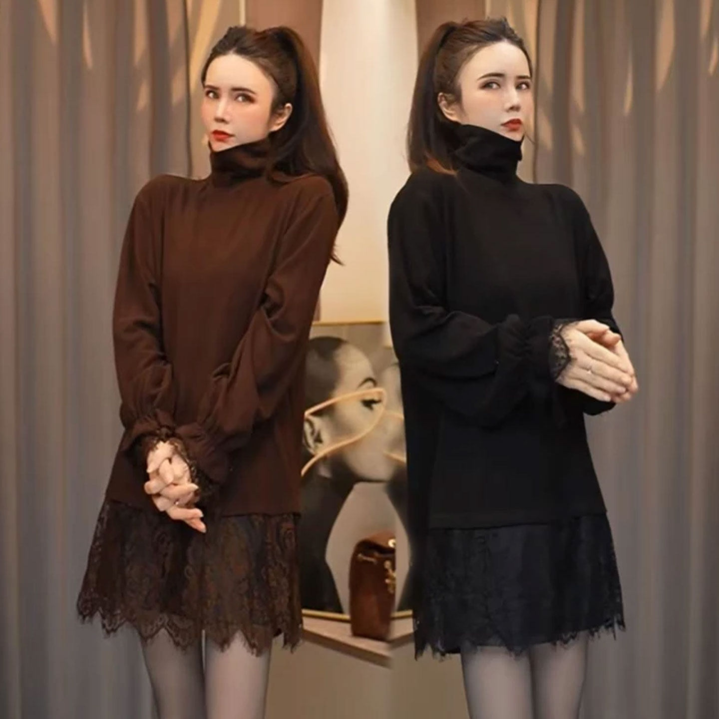 2025秋冬季大版上衣时尚百搭高领长袖T恤女下摆蕾丝拼接打底衫潮,女装/女士精品,T恤,淘宝优惠券,粉丝福利购,淘宝优惠卷