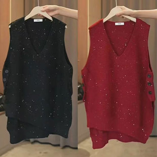 欧货大版 小香风亮片V领背心马夹 不规则针织马甲女2025年秋冬新款