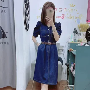 2022年新款 小个子牛仔连衣裙女夏季 薄款 v领收腰显瘦腰带别致裙子