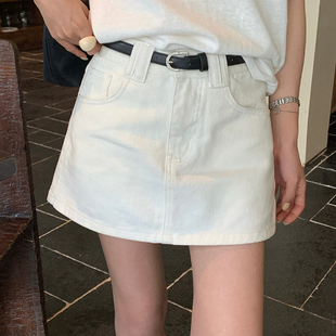 白色腰带半身裙女2026春夏新款 百搭A字裙高腰显瘦口袋黑色短裙子