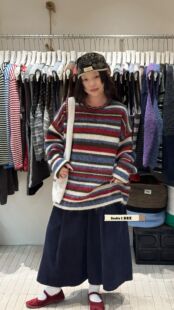 复古彩色条纹毛衣女秋冬宽松慵懒风套头针织衫日系古着感加厚上衣