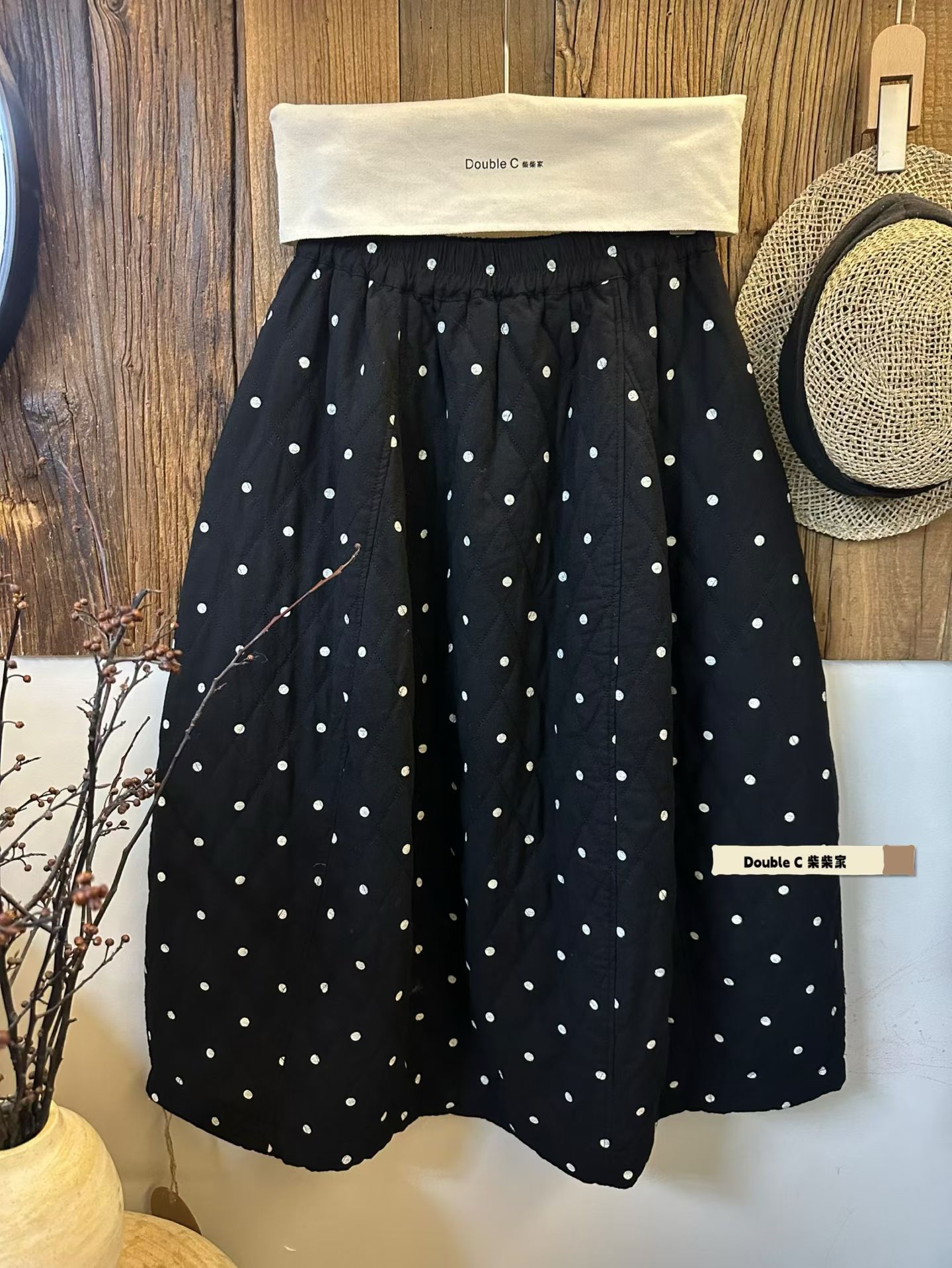 波点半身长裙女加棉棉麻秋季简约松紧腰遮胯显瘦a字超仙裙子