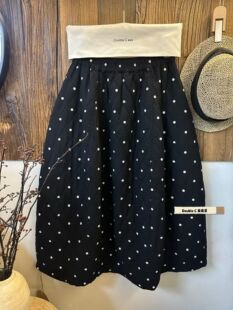 波点半身长裙女加棉棉麻秋季 简约松紧腰遮胯显瘦a字超仙裙子