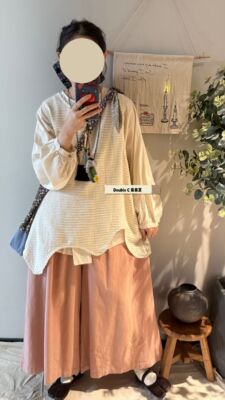 条纹不规则棉麻背心裙