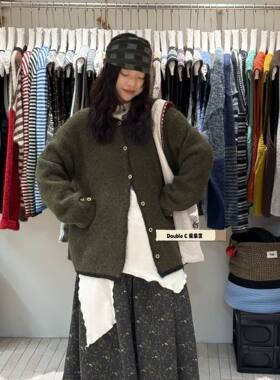 日系手工撞色包边针织开衫女秋冬软糯宽松文艺森系毛衣外套