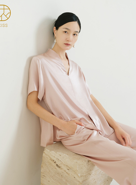 丝侬真丝睡衣女套装女士短袖长裤V领简约丝绸桑蚕丝两件套家居服